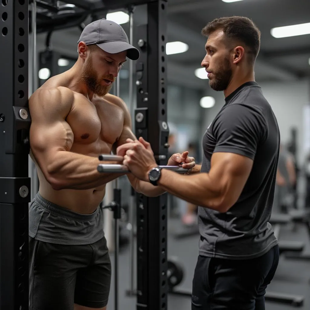 Entrenador personal utilizando la estación de musculación en un gimnasio